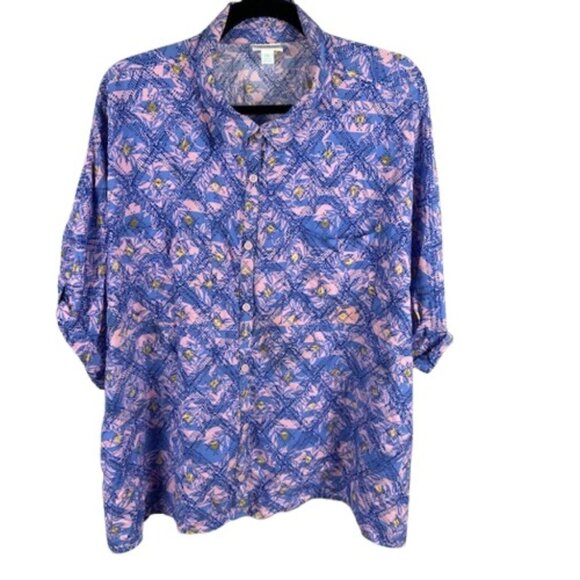 LuLaRoe Amy Women’s 2XL Button Up Rayon Shirt Artsy Geometric Purple Pink Yellow - Picture 2 of 6